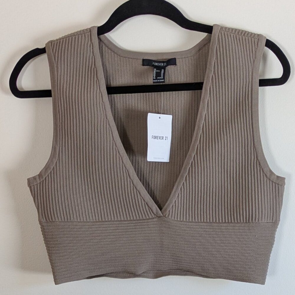 Forever 21 Cropped Sleeveless Sweater Top Taupe Brown NWT